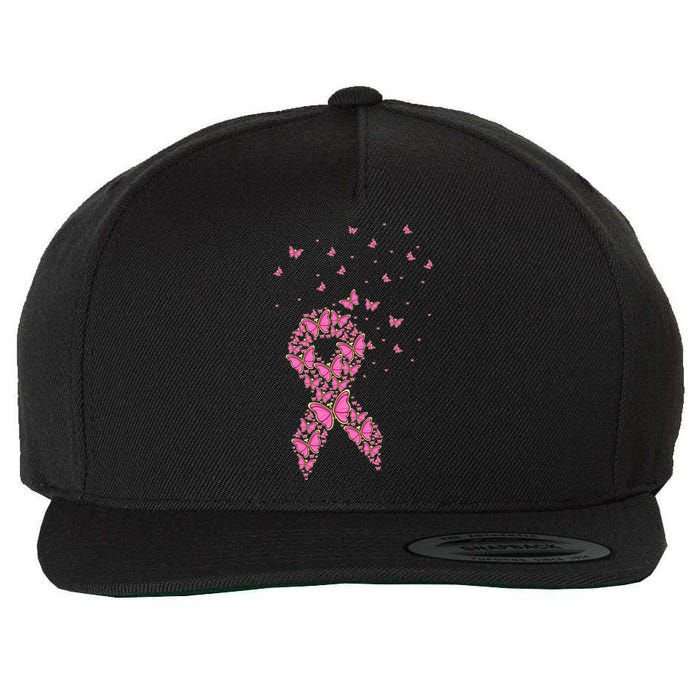 Breast Cancer Awareness Pink Butterfly Ribbon Wool Snapback Cap