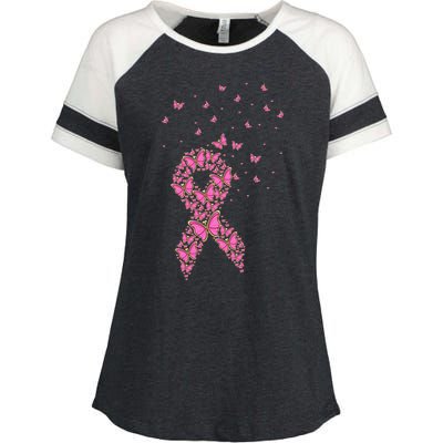 Breast Cancer Awareness Pink Butterfly Ribbon Enza Ladies Jersey Colorblock Tee