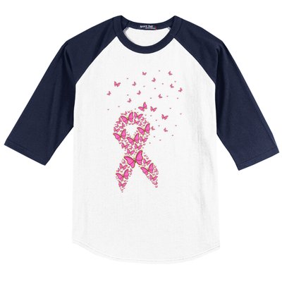 Breast Cancer Awareness Pink Butterfly Ribbon Baseball Sleeve Shirt