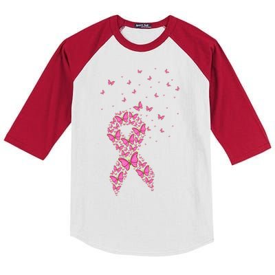 Breast Cancer Awareness Pink Butterfly Ribbon Kids Colorblock Raglan Jersey