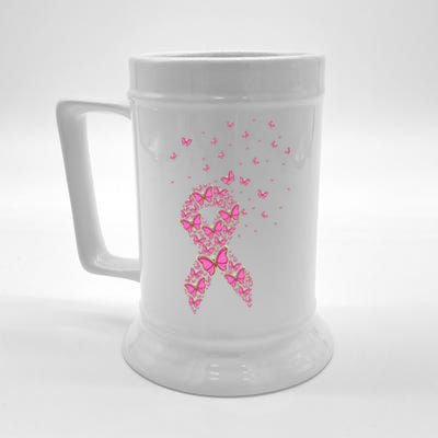 Breast Cancer Awareness Pink Butterfly Ribbon Beer Stein