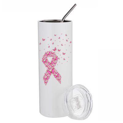 Breast Cancer Awareness Pink Butterfly Ribbon Stainless Steel Tumbler