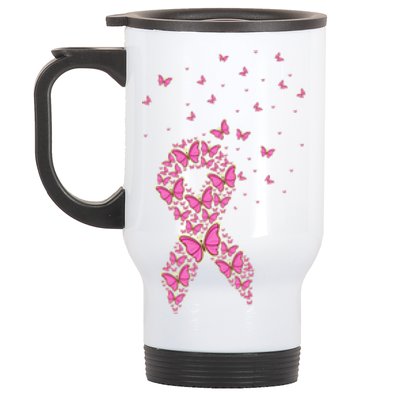 Breast Cancer Awareness Pink Butterfly Ribbon Stainless Steel Travel Mug