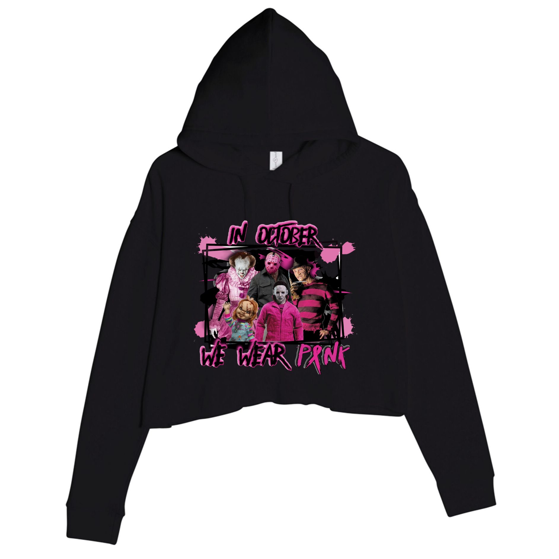 Breast Cancer Awareness Horror Movie Characters Halloween Crop Fleece Hoodie
