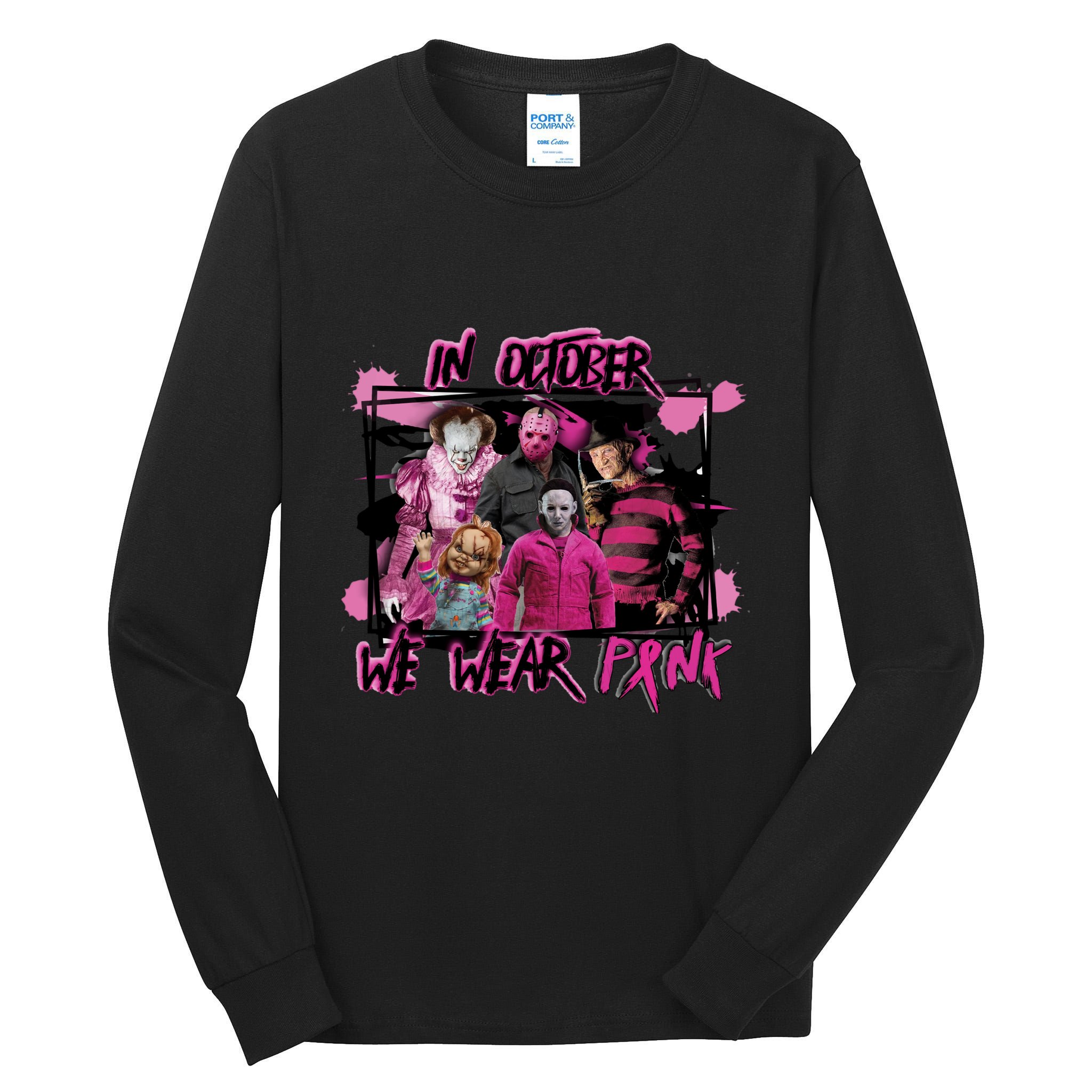 Breast Cancer Awareness Horror Movie Characters Halloween Tall Long Sleeve T-Shirt