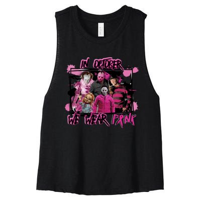 Breast Cancer Awareness Horror Movie Characters Halloween Women's Racerback Cropped Tank