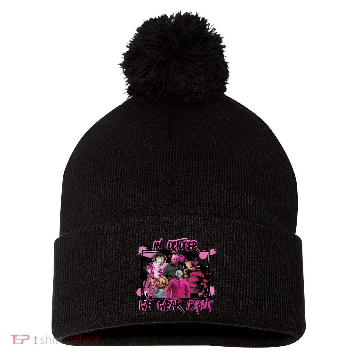 Breast Cancer Awareness Horror Movie Characters Halloween Pom Pom 12in Knit Beanie