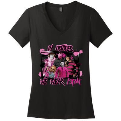 Breast Cancer Awareness Horror Movie Characters Halloween Women's V-Neck T-Shirt