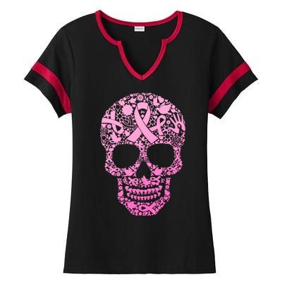 Breast Cancer Awareness Month Pink Ribbon Skull Ladies Halftime Notch Neck Tee