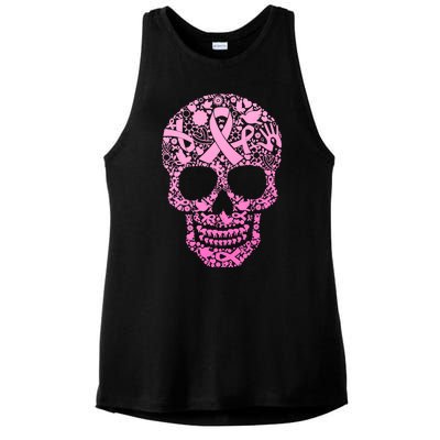 Breast Cancer Awareness Month Pink Ribbon Skull Ladies PosiCharge Tri-Blend Wicking Tank