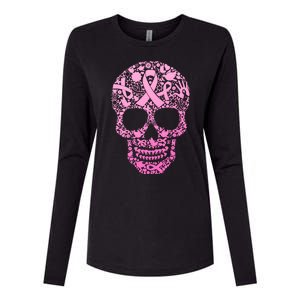 Breast Cancer Awareness Month Pink Ribbon Skull Womens Cotton Relaxed Long Sleeve T-Shirt