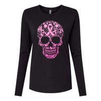 Breast Cancer Awareness Month Pink Ribbon Skull Womens Cotton Relaxed Long Sleeve T-Shirt