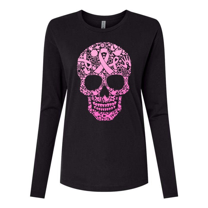 Breast Cancer Awareness Month Pink Ribbon Skull Womens Cotton Relaxed Long Sleeve T-Shirt