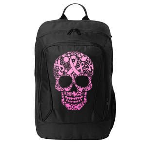 Breast Cancer Awareness Month Pink Ribbon Skull City Backpack