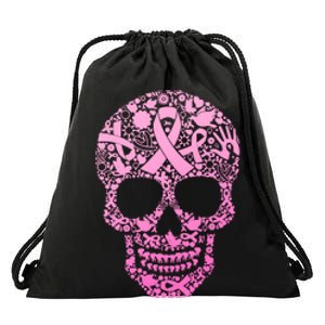 Breast Cancer Awareness Month Pink Ribbon Skull Drawstring Bag