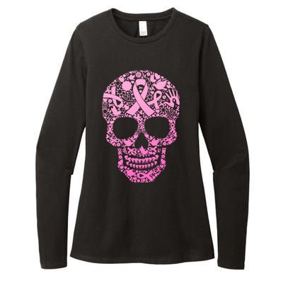 Breast Cancer Awareness Month Pink Ribbon Skull Womens CVC Long Sleeve Shirt