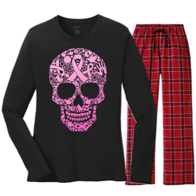 Breast Cancer Awareness Month Pink Ribbon Skull Women's Long Sleeve Flannel Pajama Set 