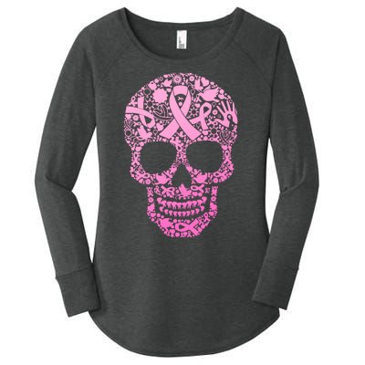 Breast Cancer Awareness Month Pink Ribbon Skull Women's Perfect Tri Tunic Long Sleeve Shirt