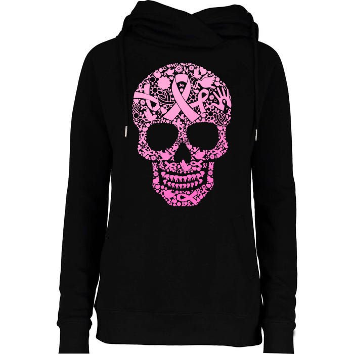 Breast Cancer Awareness Month Pink Ribbon Skull Womens Funnel Neck Pullover Hood