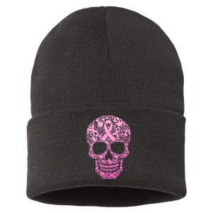 Breast Cancer Awareness Month Pink Ribbon Skull Sustainable Knit Beanie