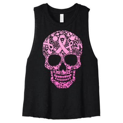 Breast Cancer Awareness Month Pink Ribbon Skull Women's Racerback Cropped Tank