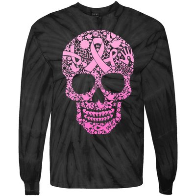 Breast Cancer Awareness Month Pink Ribbon Skull Tie-Dye Long Sleeve Shirt