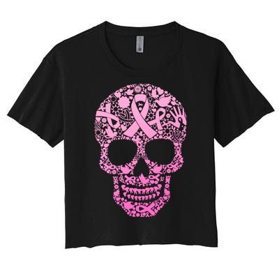 Breast Cancer Awareness Month Pink Ribbon Skull Women's Crop Top Tee