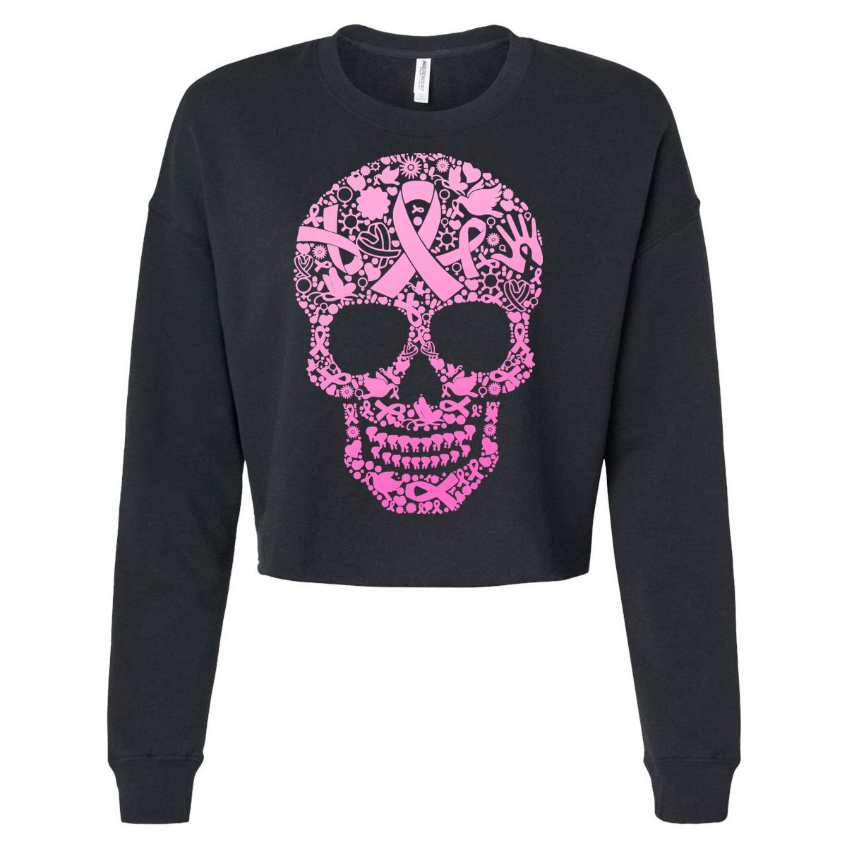 Breast Cancer Awareness Month Pink Ribbon Skull Cropped Pullover Crew