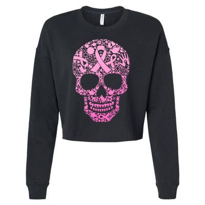 Breast Cancer Awareness Month Pink Ribbon Skull Cropped Pullover Crew