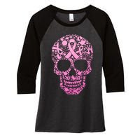 Breast Cancer Awareness Month Pink Ribbon Skull Women's Tri-Blend 3/4-Sleeve Raglan Shirt