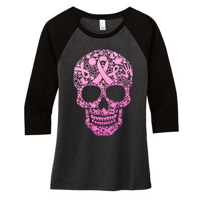 Breast Cancer Awareness Month Pink Ribbon Skull Women's Tri-Blend 3/4-Sleeve Raglan Shirt