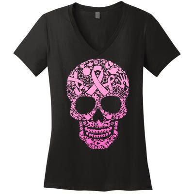 Breast Cancer Awareness Month Pink Ribbon Skull Women's V-Neck T-Shirt