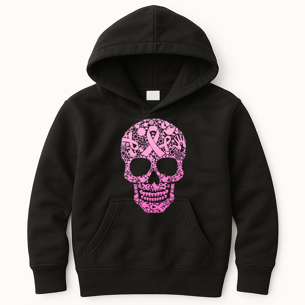 Breast Cancer Awareness Month Pink Ribbon Skull Kids Hoodie