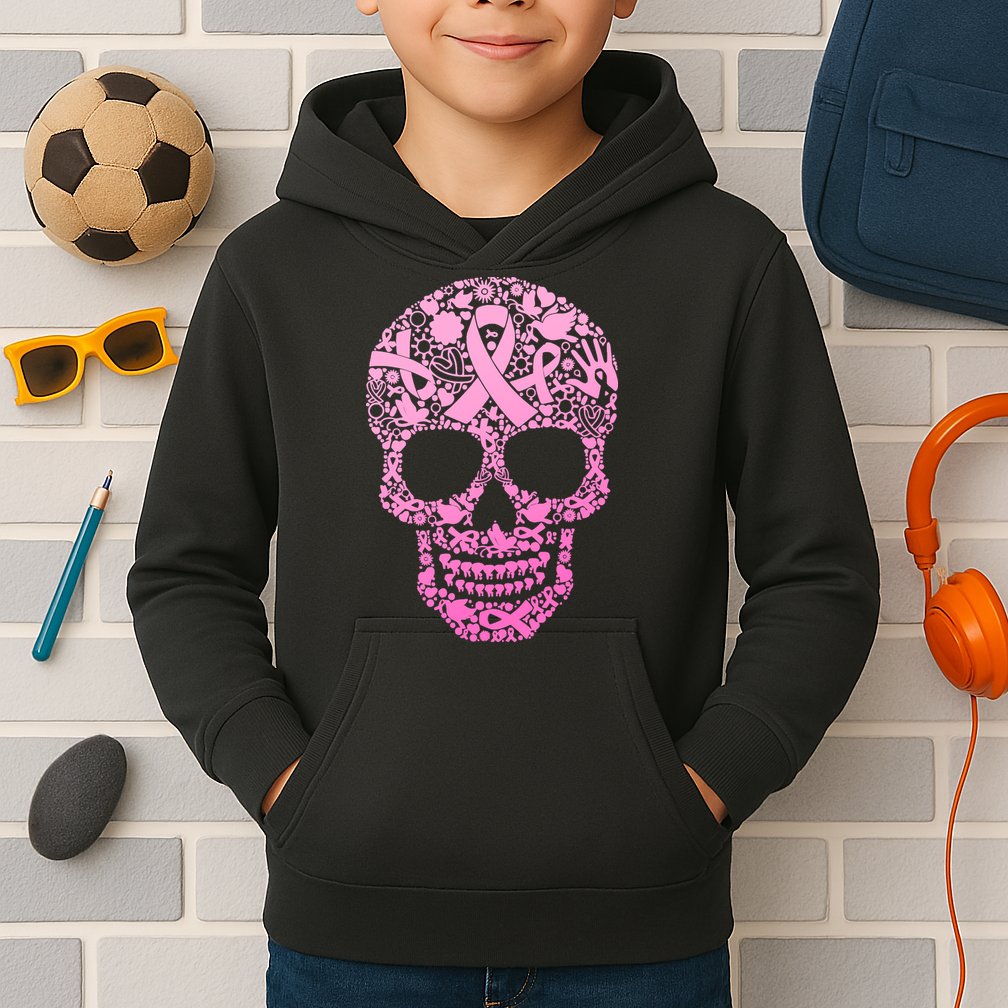 Breast Cancer Awareness Month Pink Ribbon Skull Kids Hoodie