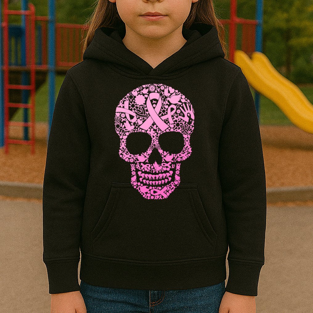 Breast Cancer Awareness Month Pink Ribbon Skull Kids Hoodie