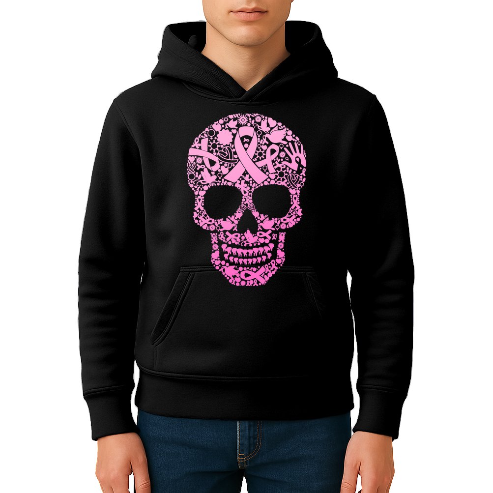 Breast Cancer Awareness Month Pink Ribbon Skull Kids Hoodie