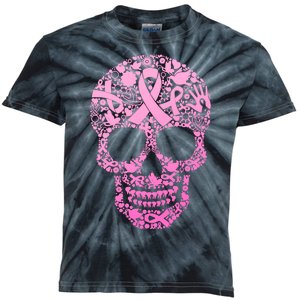 Breast Cancer Awareness Month Pink Ribbon Skull Kids Tie-Dye T-Shirt