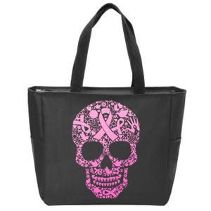 Breast Cancer Awareness Month Pink Ribbon Skull Zip Tote Bag