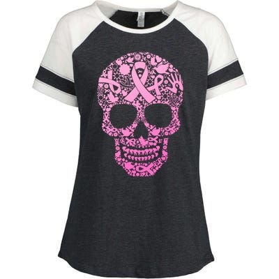 Breast Cancer Awareness Month Pink Ribbon Skull Enza Ladies Jersey Colorblock Tee