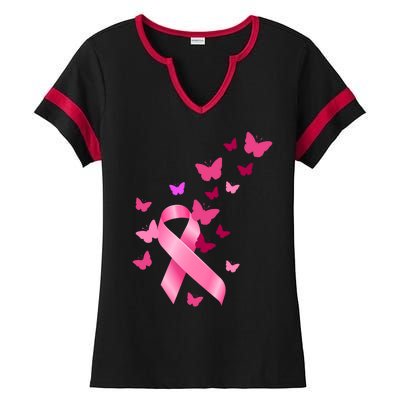 Breast Cancer Awareness Butterflies Logo Ladies Halftime Notch Neck Tee