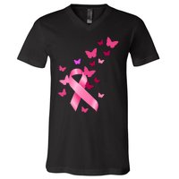 Breast Cancer Awareness Butterflies Logo V-Neck T-Shirt