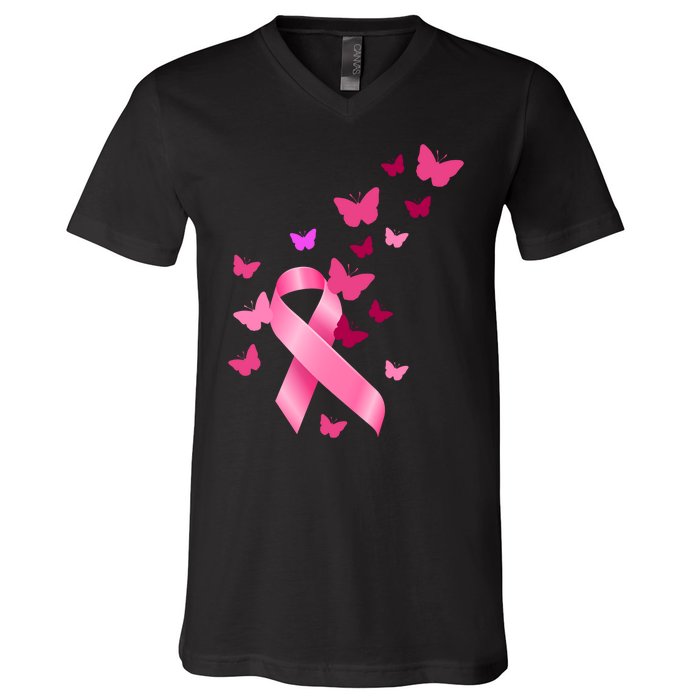 Breast Cancer Awareness Butterflies Logo V-Neck T-Shirt