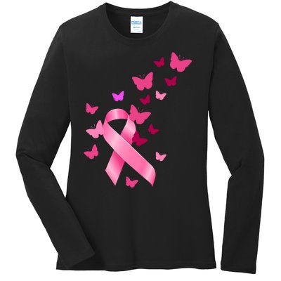 Breast Cancer Awareness Butterflies Logo Ladies Long Sleeve Shirt