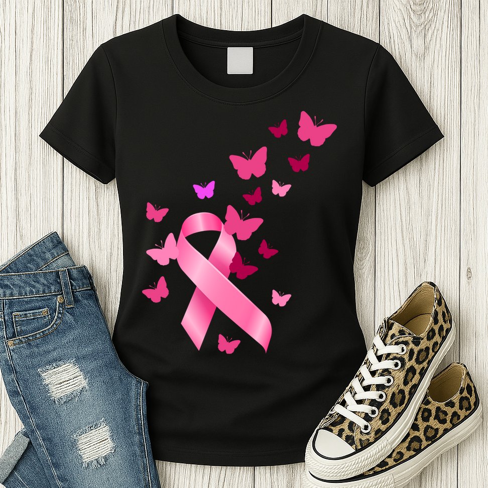 Breast Cancer Awareness Butterflies Logo Womens T-Shirt
