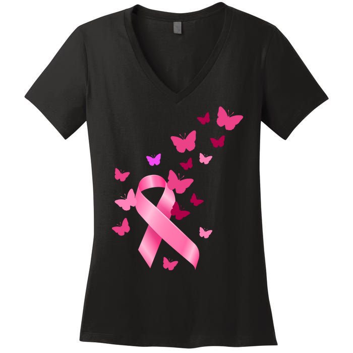 Breast Cancer Awareness Butterflies Logo Women's V-Neck T-Shirt