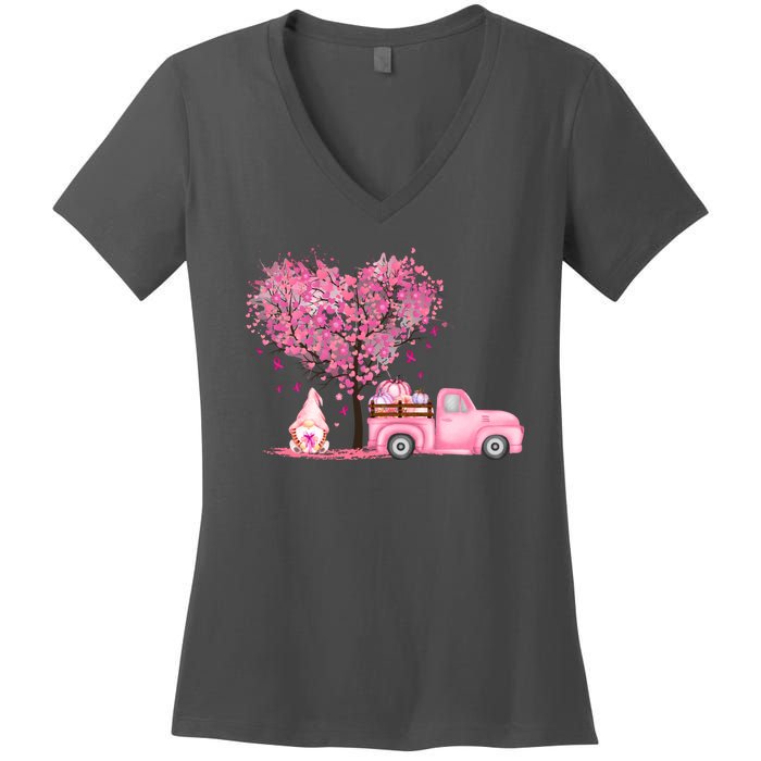 Breast Cancer Awareness Gnome Vintage Fall Truck Women's V-Neck T-Shirt