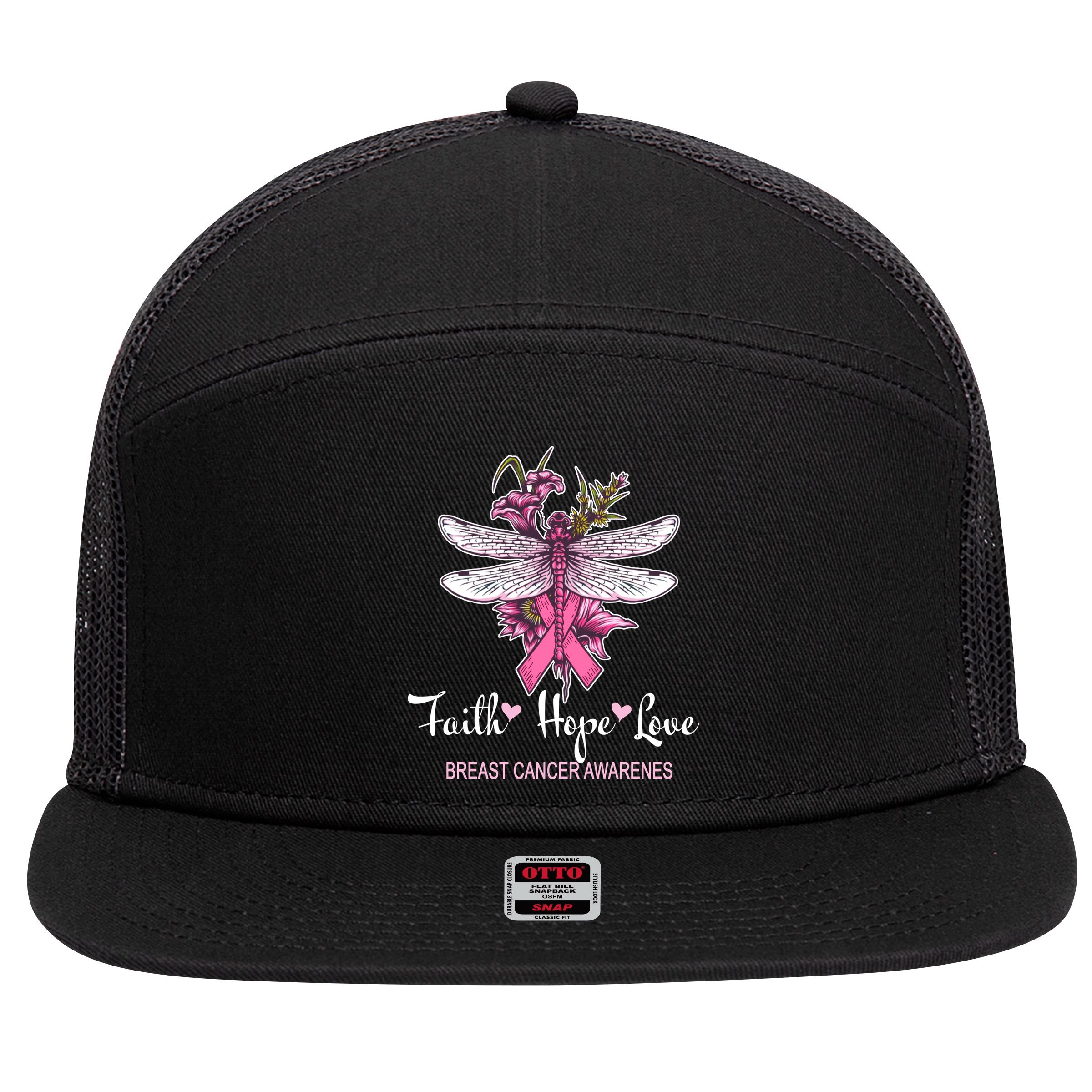Breast Cancer Awareness Dragonfly 7 Panel Mesh Trucker Snapback Hat