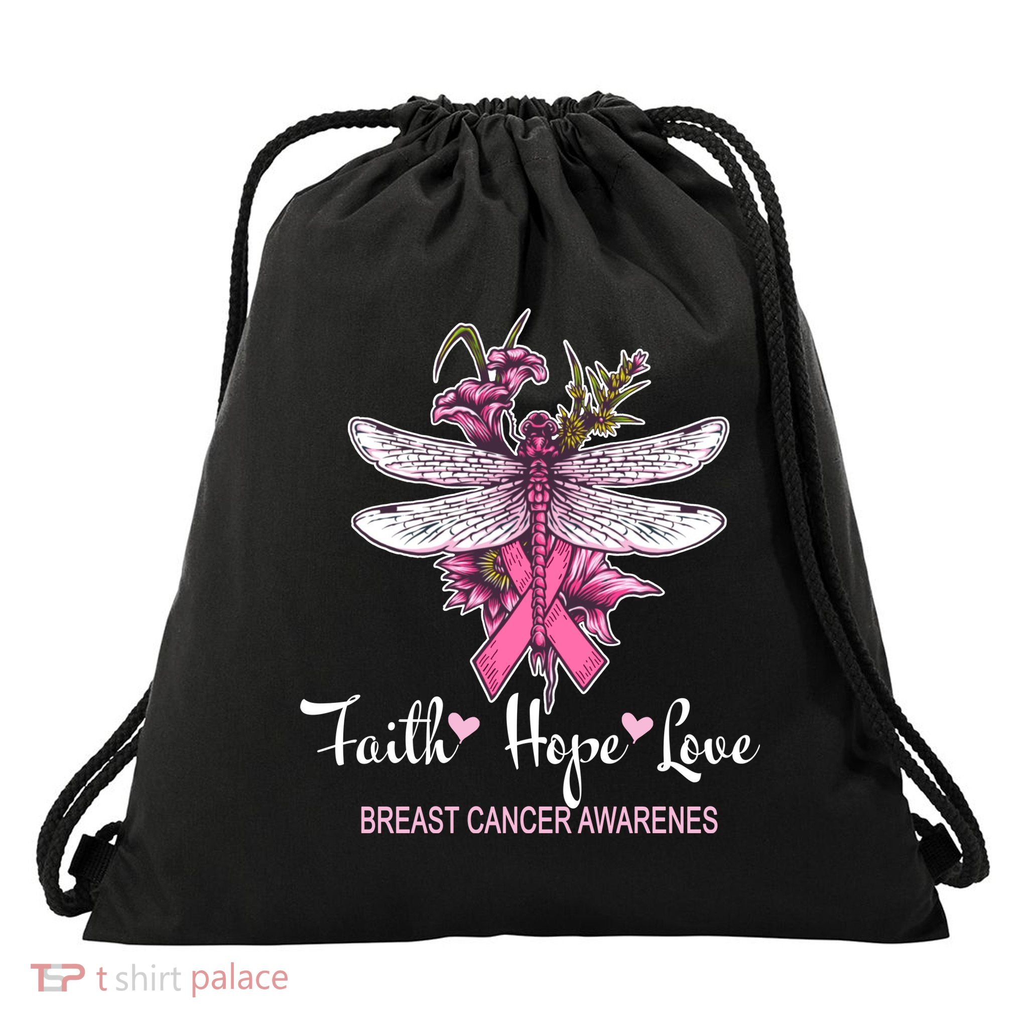 Breast Cancer Awareness Dragonfly Drawstring Bag