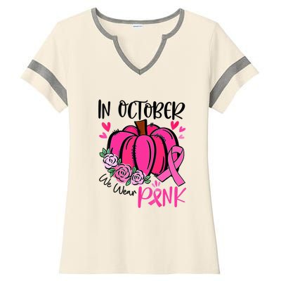 Breast Cancer Awareness In October We Wear Pink Pumpkin Ladies Halftime Notch Neck Tee