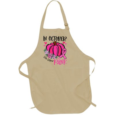 Breast Cancer Awareness In October We Wear Pink Pumpkin Full-Length Apron With Pockets